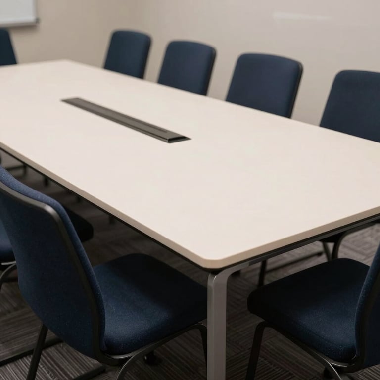A professional meeting room with dark navy blue chairs and a clean off-white table setup.
