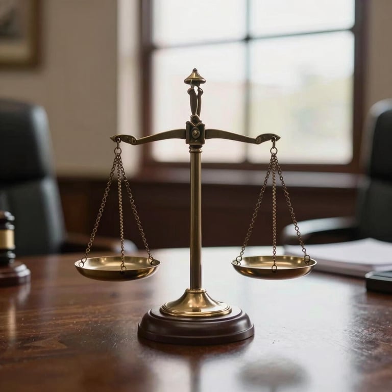 A detailed close-up of the scales of justice placed on a dark wood table in a South American law firm, with soft sunlight coming through a window.