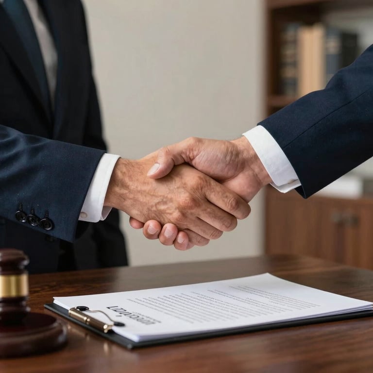 A pair of hands in formal business attire shaking across a dark wood table, representing a successful legal agreement in a South American setting.