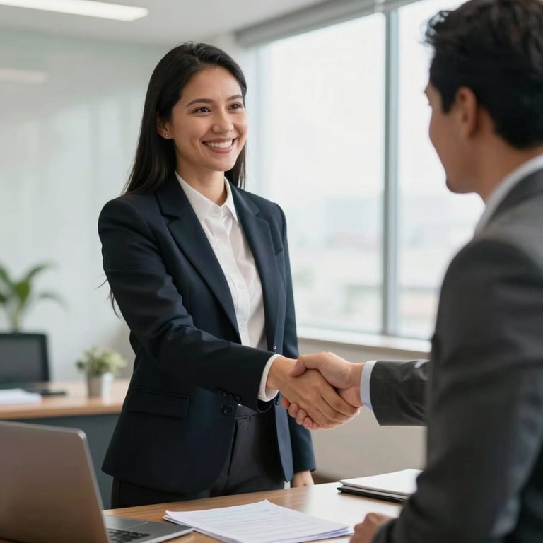 A South American lawyer in professional attire shaking hands with a client in a bright office setting.