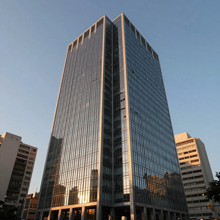 The modern glass and steel exterior of a corporate law office building in a major Brazilian city during the golden hour.