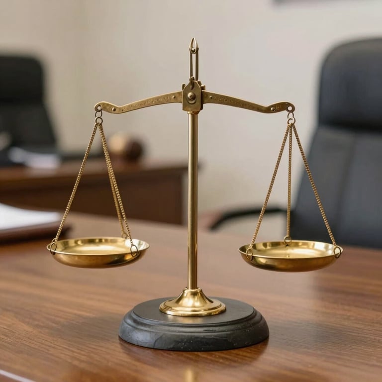 Detail of gold and slate gray legal scales of justice on a polished wood surface in a Brazilian law office.