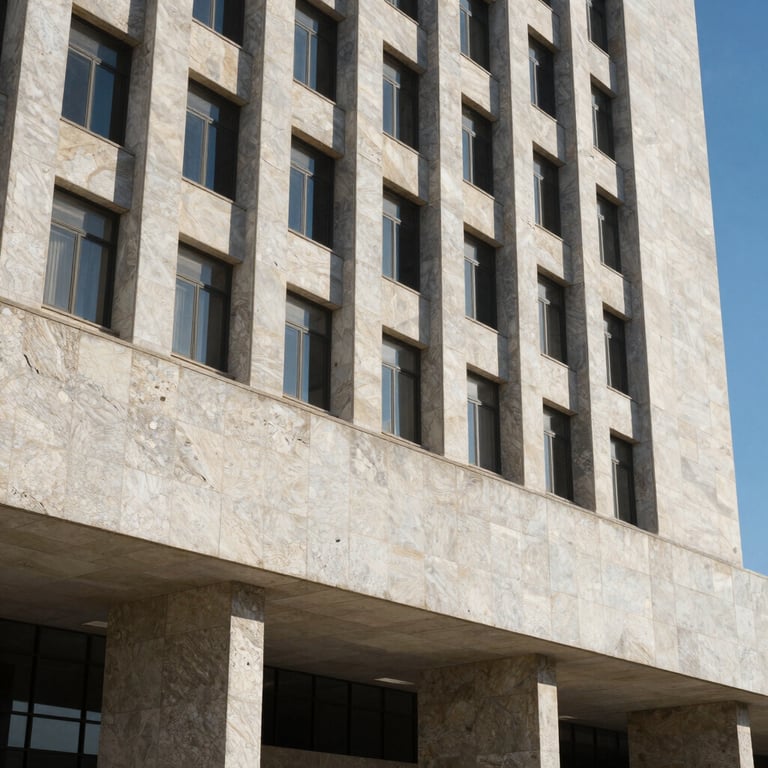 Modern architectural detail of a justice building in Brazil, bright sunlight, light gray stone textures.