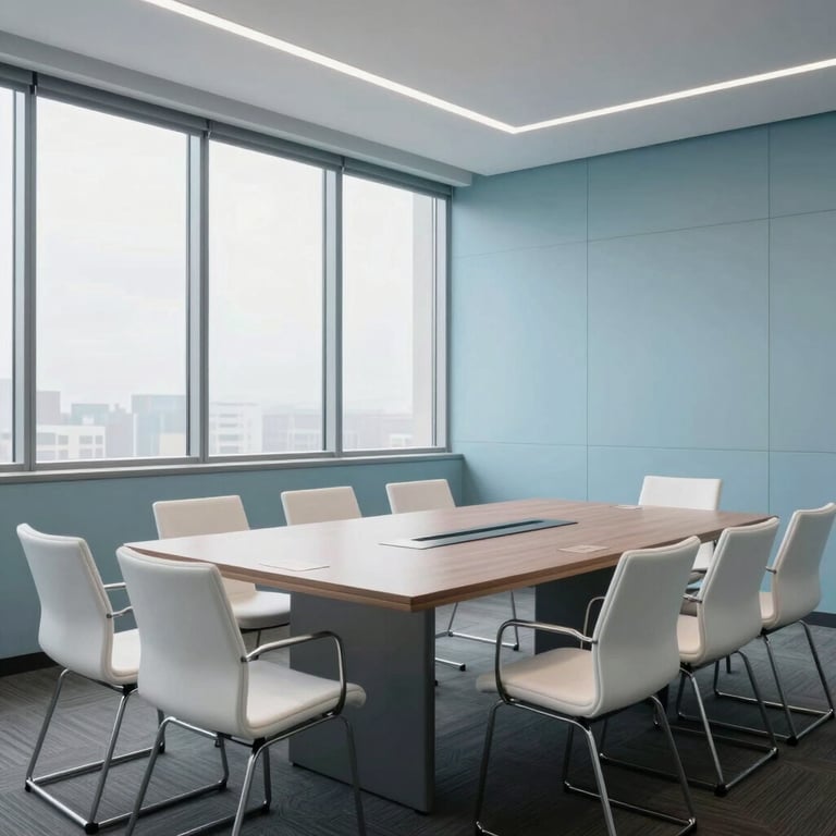Interior shot of a minimalist and professional conference room with large windows, featuring white chairs and a light blue wall accent.