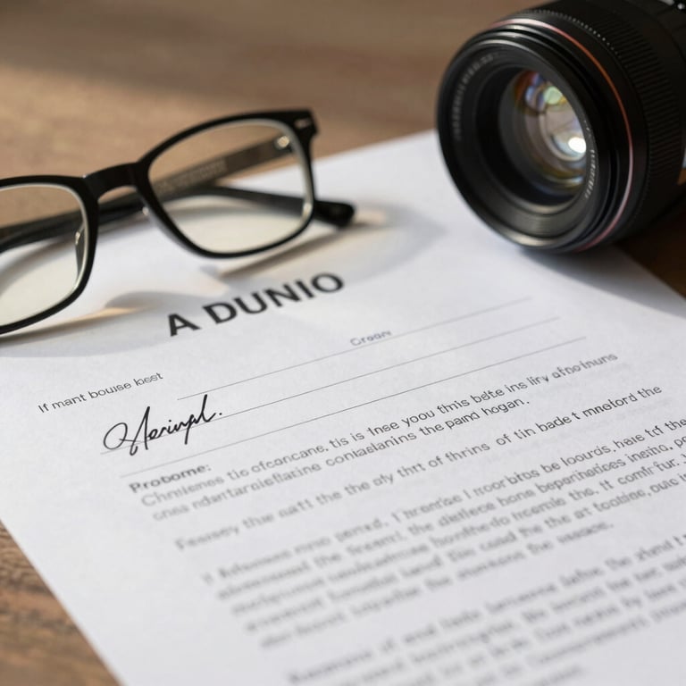 A close-up of a signed legal contract on a desk with a pair of glasses nearby, soft morning light.