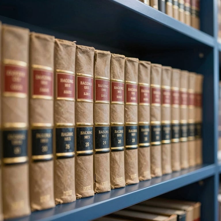 A row of classic law books in a modern library with deep blue shelving and professional lighting.