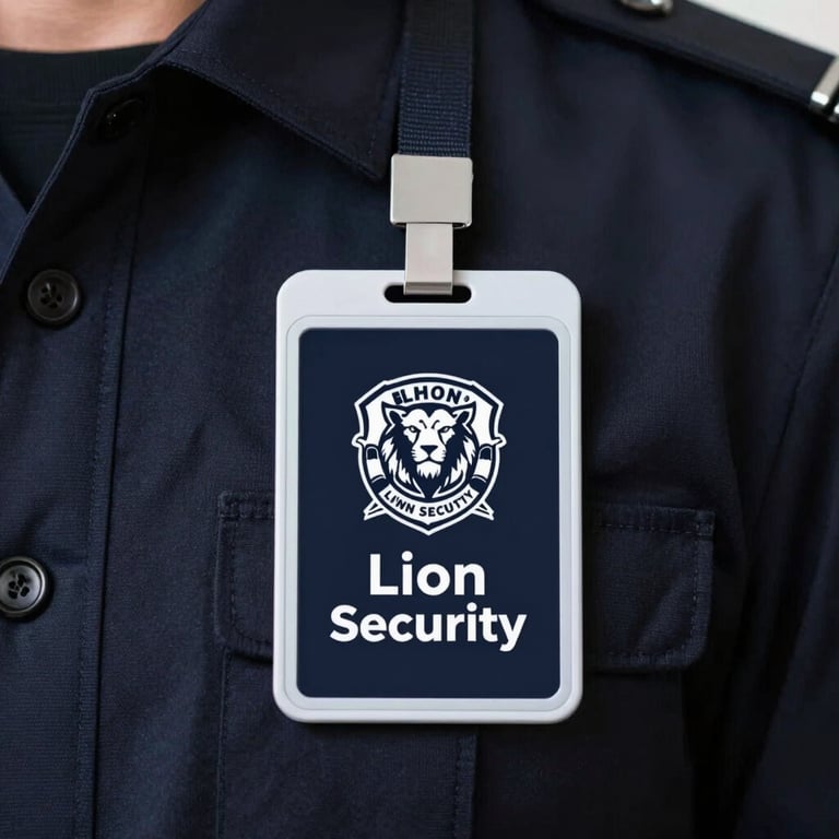 A close-up of a modern security badge with the Lion Security logo on a dark navy uniform, high-quality fabric, #0A1C29.