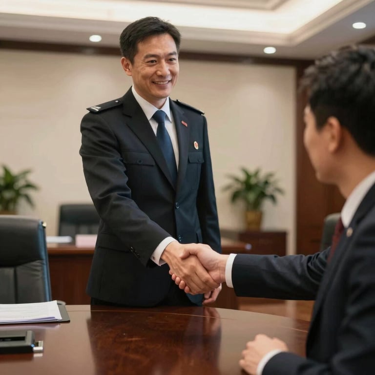 A formal handshake between a security executive and a client in a luxurious boardroom, conveying trust and partnership.