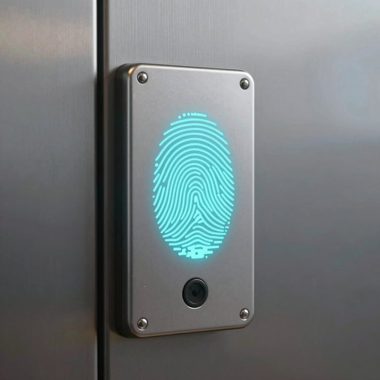 An advanced biometric fingerprint scanner on a sleek metal door, glowing with #6B9CBF light.