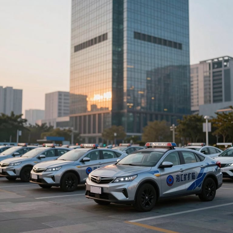 A fleet of silver patrol vehicles with professional branding parked in front of a modern glass skyscraper during sunrise.