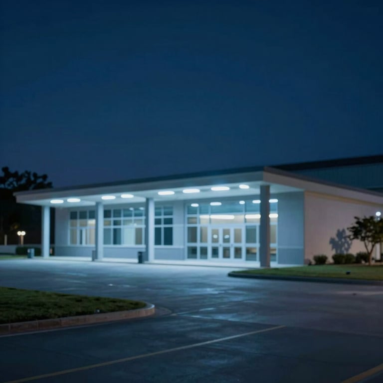 A wide shot of a secure private facility at night, illuminated by soft blue architectural lighting, symbolizing absolute peace of mind.
