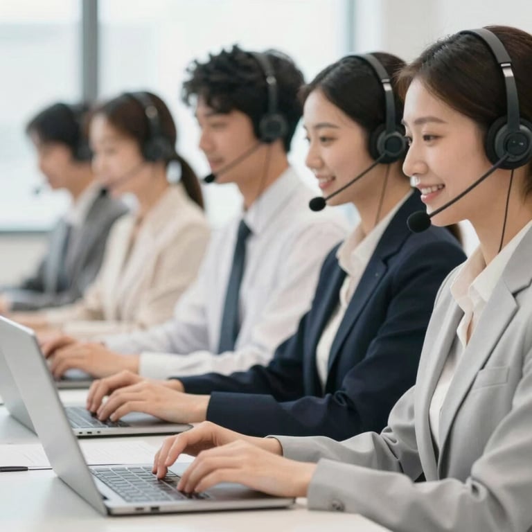 A team of call center professionals collaborating in a bright, clean workspace.