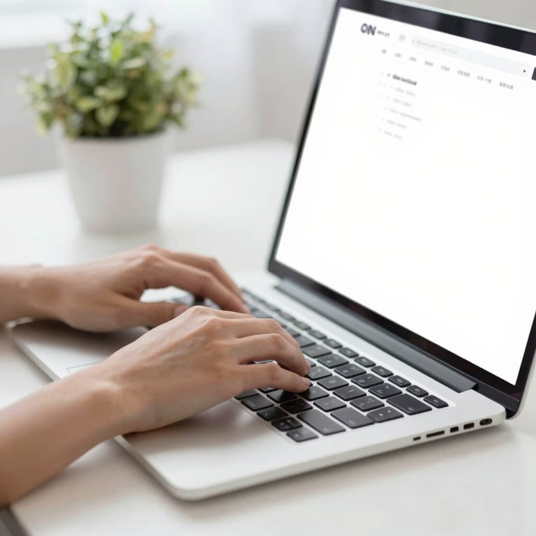 Hands typing on a laptop keyboard with a clean, organized desk layout.