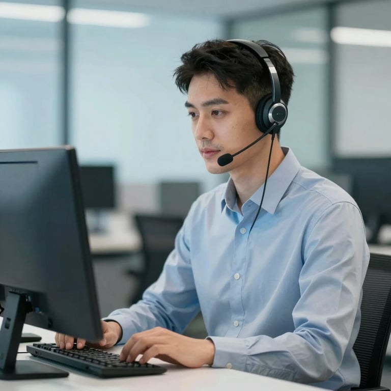 A focused professional wearing a headset in a modern office, #0E2E4B and #7DA9CD accents in the background.