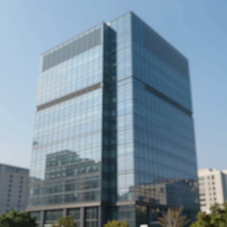 Modern office glass building reflecting a blue sky, representing growth and scale.