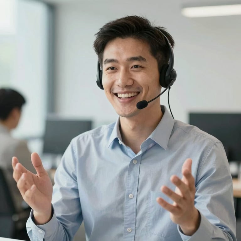 A friendly agent gesturing warmly while speaking through a headset.