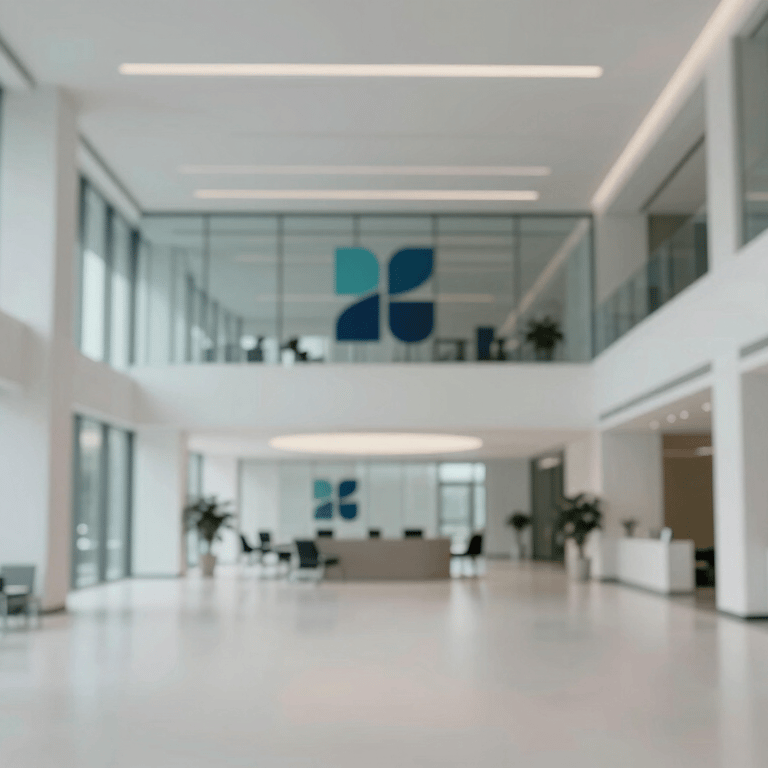 Minimalist shot of an office entrance with clean signage and soft lighting.