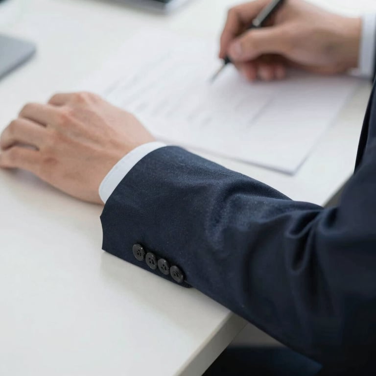 Close-up of a professional suit sleeve and a clean desk surface.
