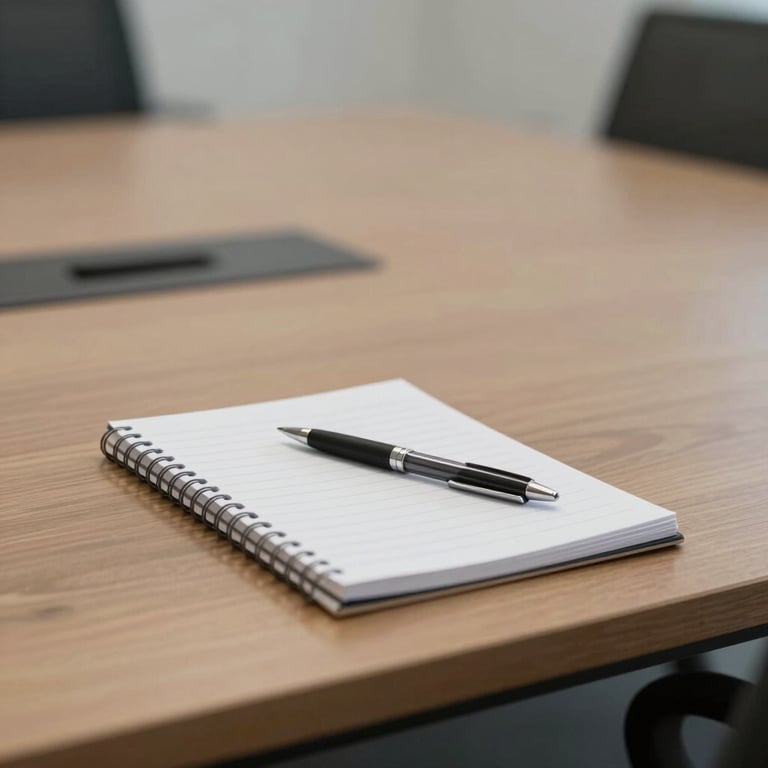 A tidy conference table with a single notepad and pen, signifying focus and clarity.