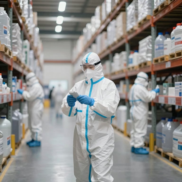 A wide shot of a commercial warehouse being sanitized by a professional in full protective gear, emphasizing scale and efficiency.