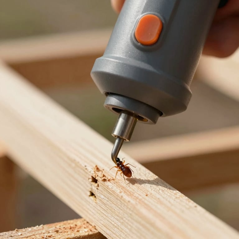 Close-up of termite control equipment being used on a wooden structure, macro photography style, clean and technical.