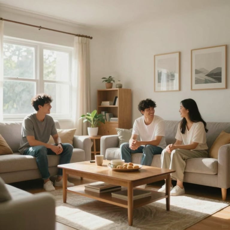 Happy homeowners in a sunlit, pest-free living room, symbolizing the peace of mind provided by RK99 services.