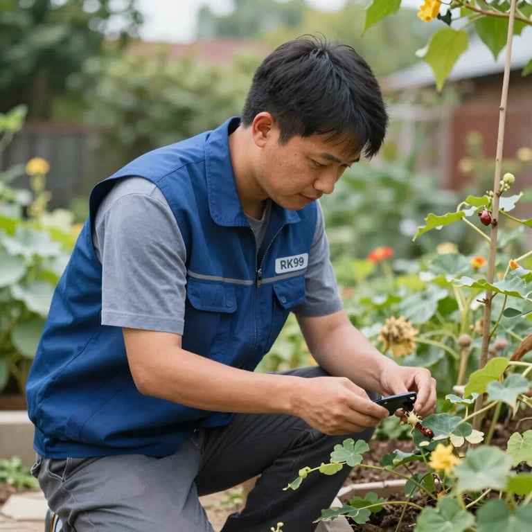 An outdoor shot of a technician inspecting a garden area for pests, wearing a branded RK99 vest in #0A192F.