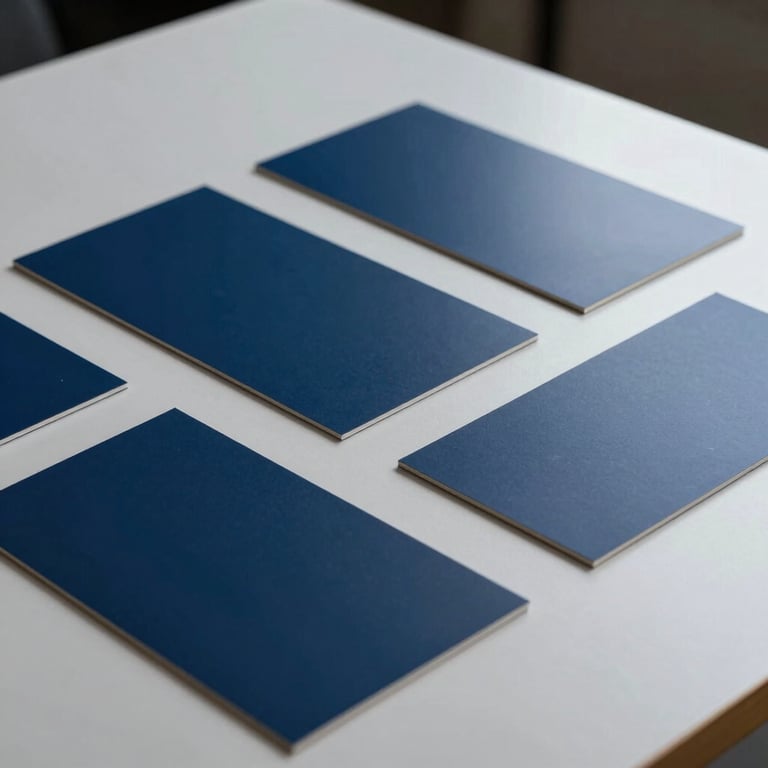 Close-up of high-end graphic design samples laid out on a light grey table, showcasing clean lines and deep blue color palettes.