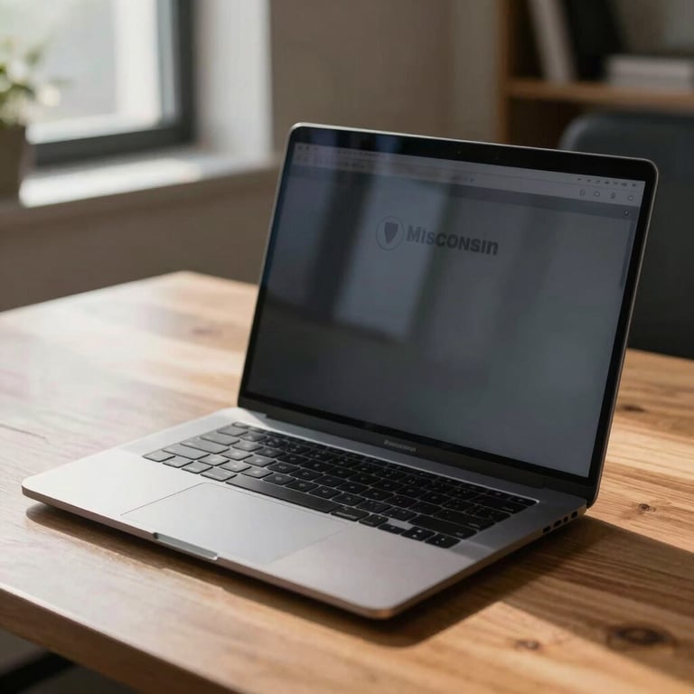 A sleek, professional laptop on a wooden desk in a sunlit Wisconsin office, reflecting a modern efficiency mood with charcoal accents.