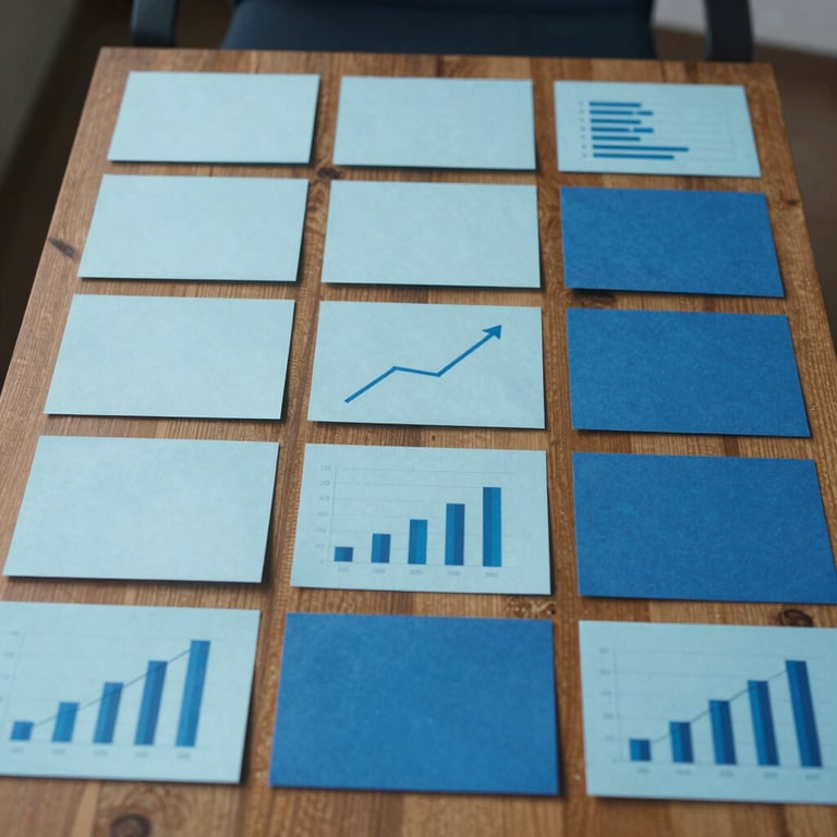A business strategy board with organized notes and charts in light blue and deep blue, symbolizing structured growth and planning.