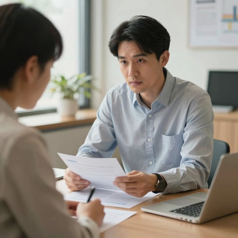 A candid photography shot of a consultant and a business owner reviewing a strategic plan in a bright, approachable meeting space.