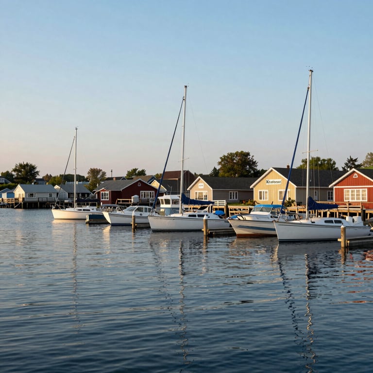 A peaceful morning view of the Port Washington marina, with boats and calm water, embodying the local Wisconsin community spirit.