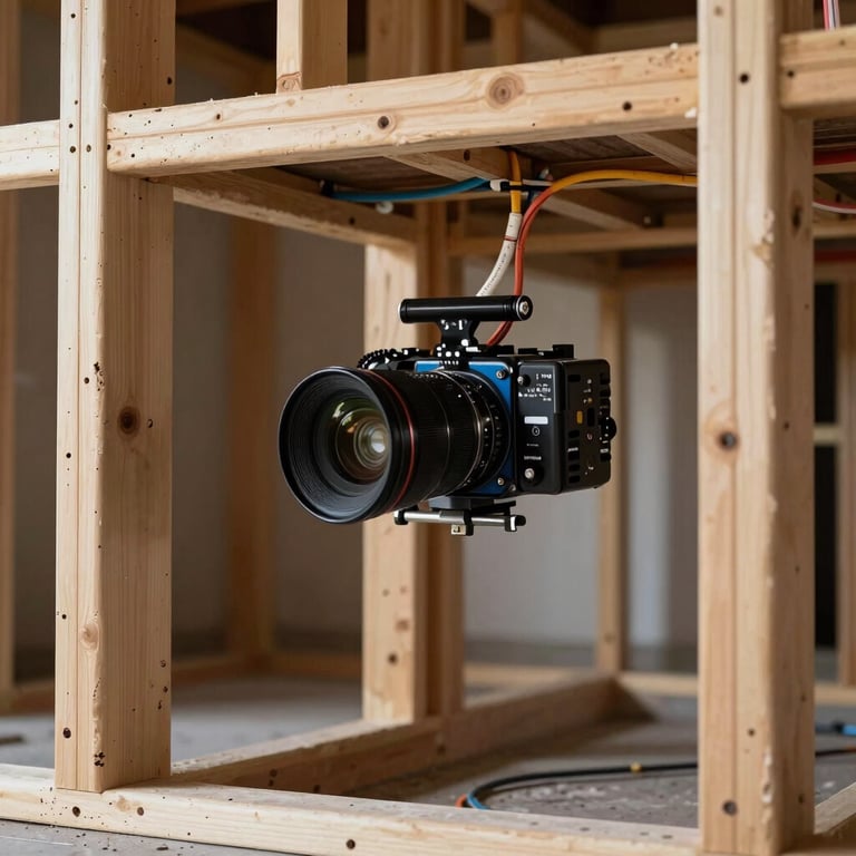 Precision plumbing and electrical wiring being installed in the bare framing of an LA kitchen.