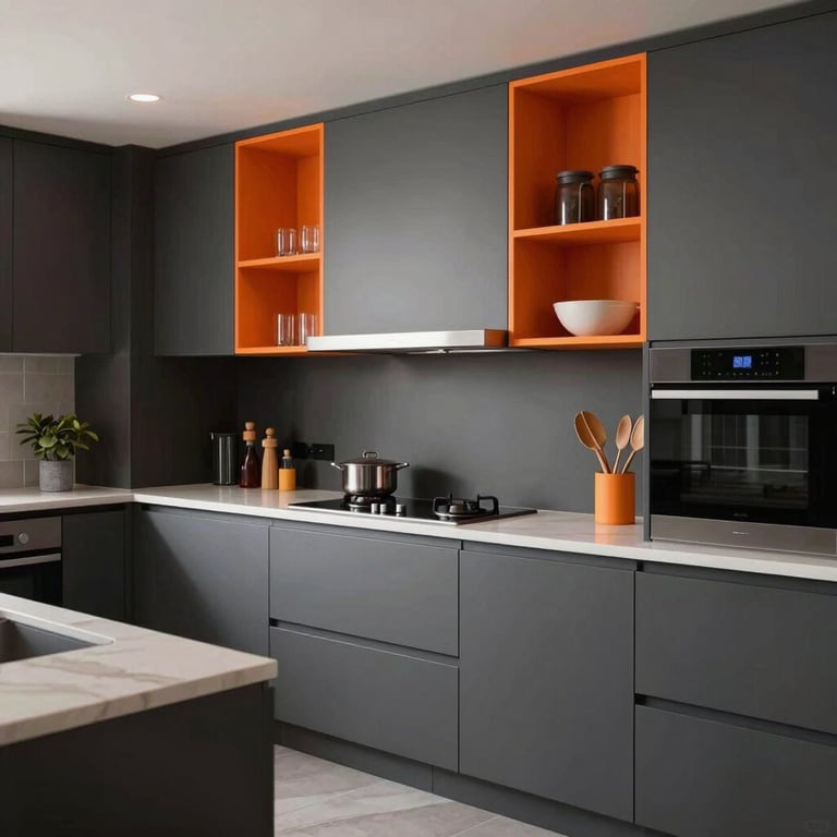 The final transformation: a bold, modern kitchen with dark gray cabinets and bright construction orange accents.