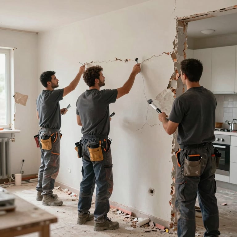 A team of contractors wearing dark gray shirts removing old walls during a kitchen demolition.