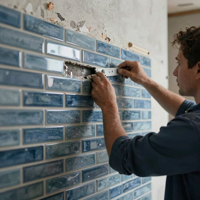 A worker installing steel blue backsplash tiles on a newly built wall.