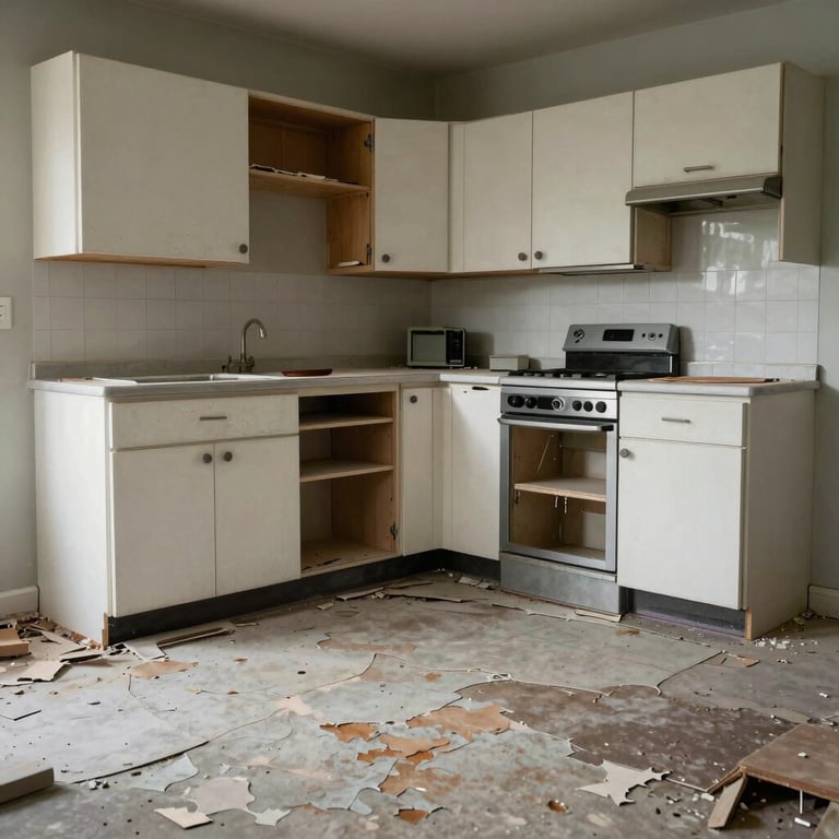 A derelict kitchen in Los Angeles with broken cabinets and peeling floors before restoration.