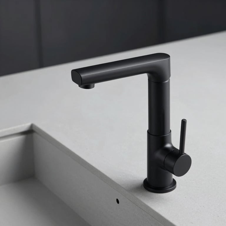 The installation of a sleek matte black faucet on a clean light gray countertop.