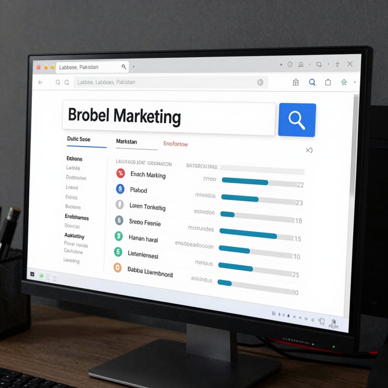 A close-up of a high-tech computer monitor showing search engine marketing analytics in a dark grey office setting in Lahore, Pakistan.