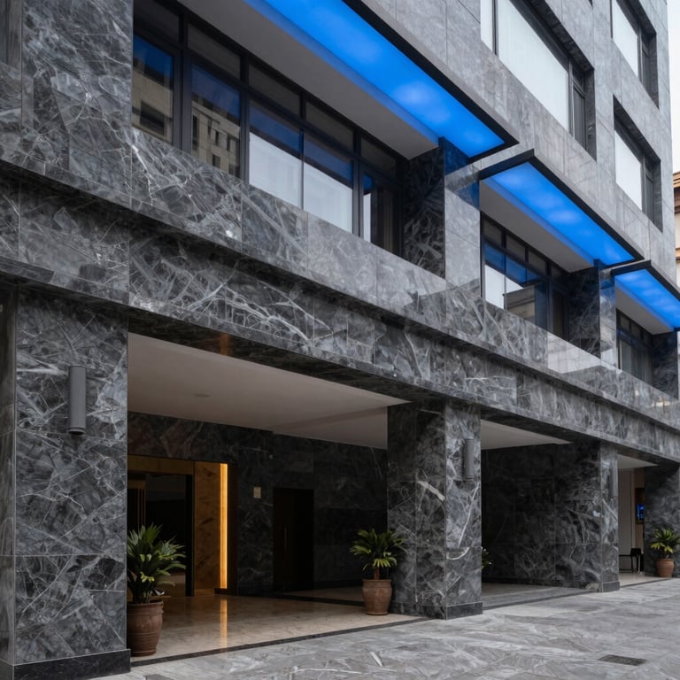 Detailed shot of a sleek lobby in a Lahore corporate building featuring dark grey marble and modern sky blue lighting fixtures.