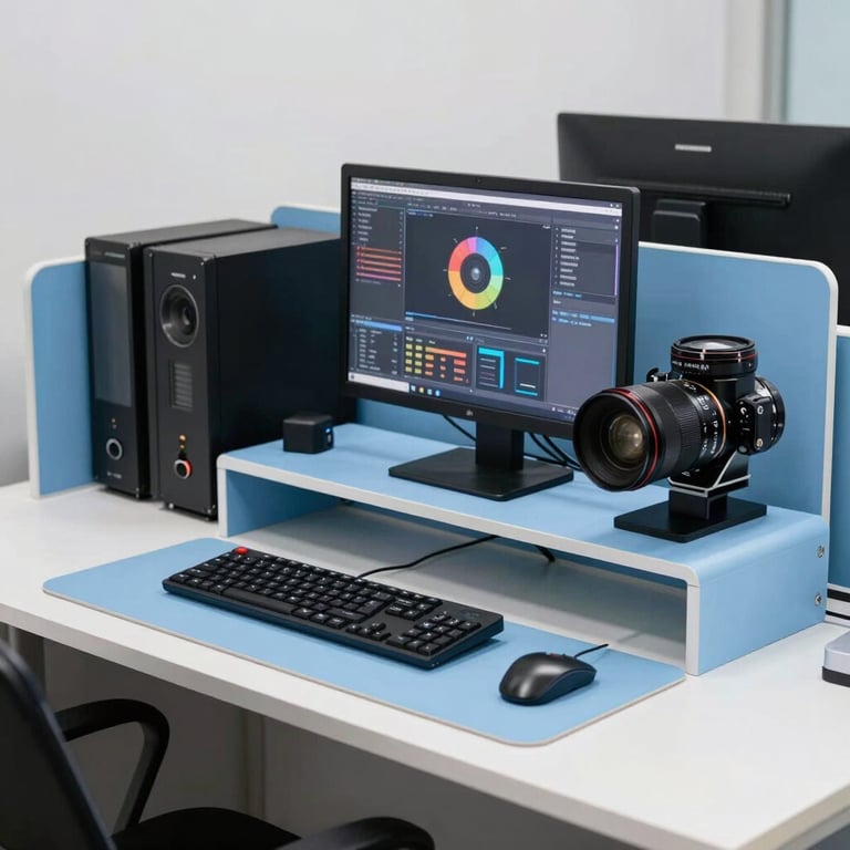 A clean, professional workstation in a Pakistani digital agency with a sky blue desk organizer and high-end tech equipment.
