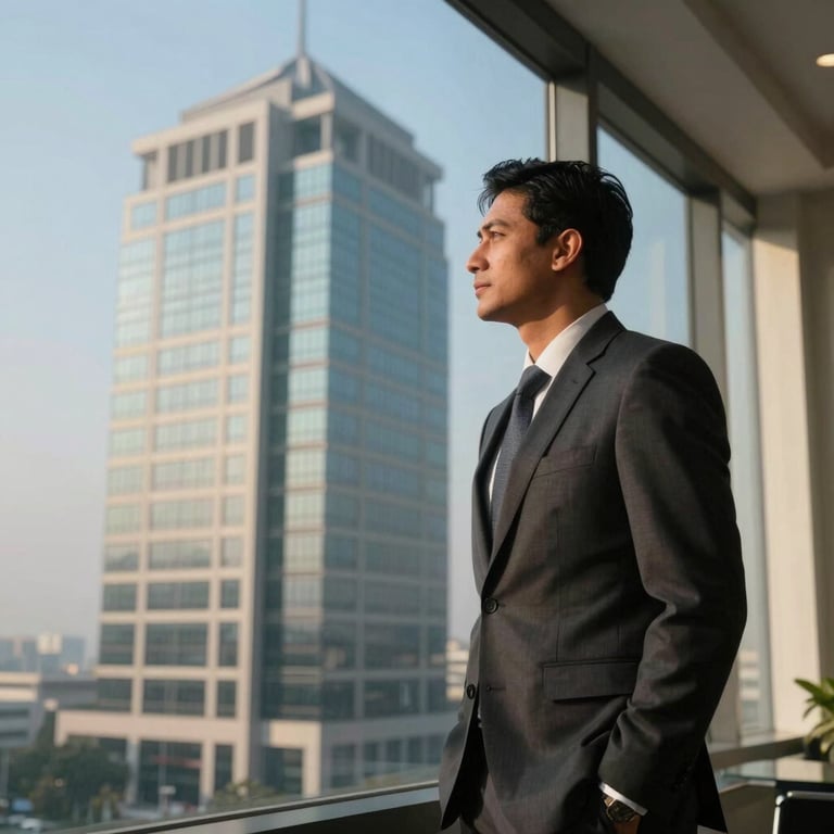 A professional in business attire looking out a window of a modern high-rise office building in Lahore, soft sky blue afternoon light.