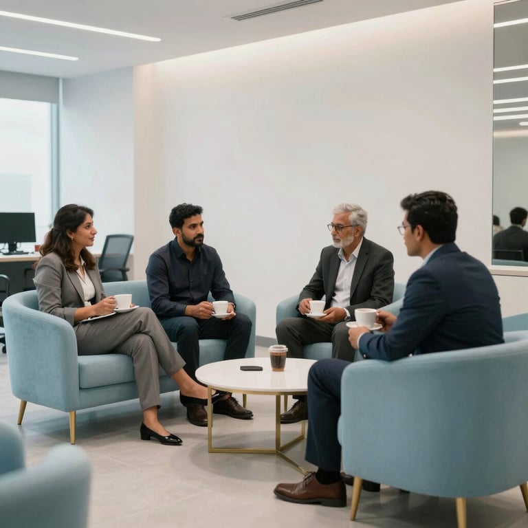A team of professionals having a coffee break in a modern, well-lit office lounge in Pakistan, featuring minimalist white and sky blue furniture.