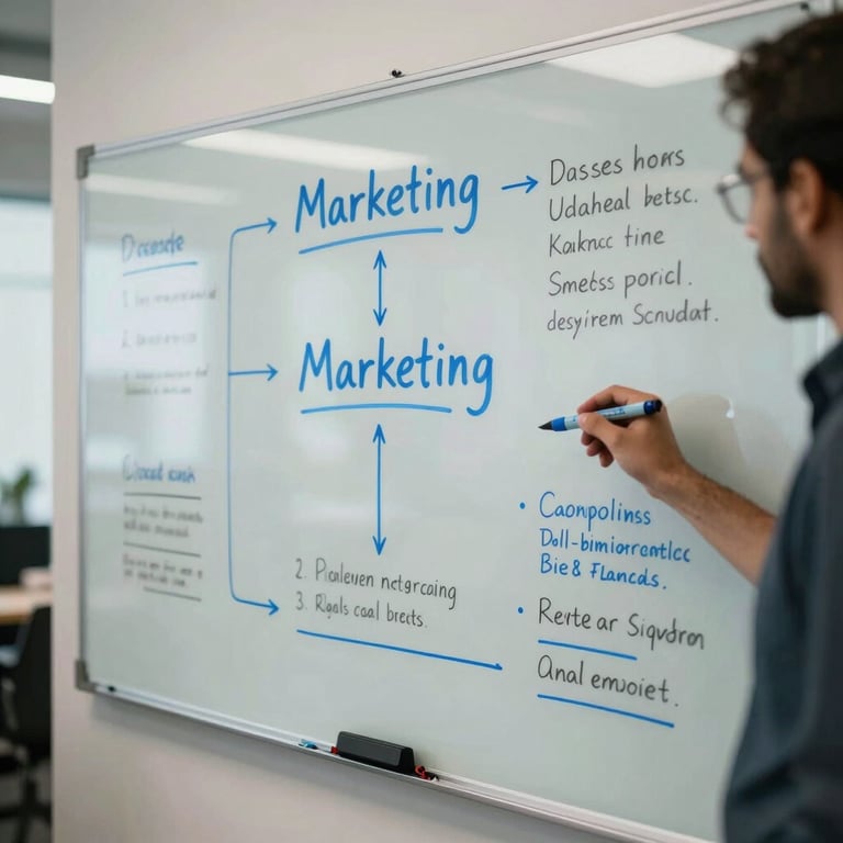 Collaborative workspace in Lahore with a large glass whiteboard covered in digital marketing strategies and sky blue markers.
