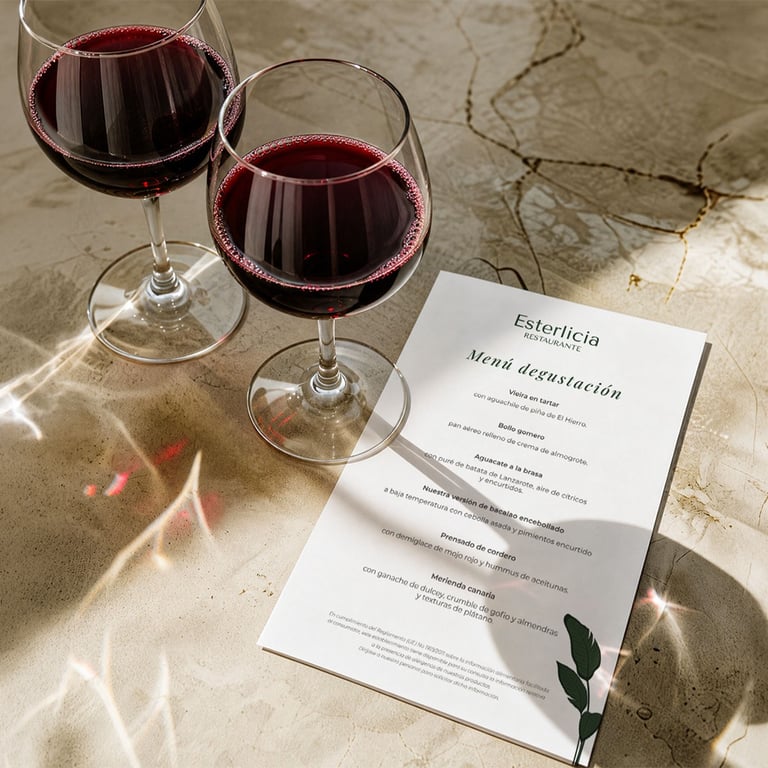 Tarjeta de menú corto y copas de vino sobre mesa de mármol