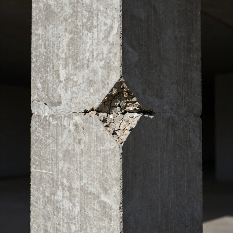 Macro shot of concrete micro-fractures and severe corrosion on a structural pillar, illuminated by stark directional lighting in a dark environment.