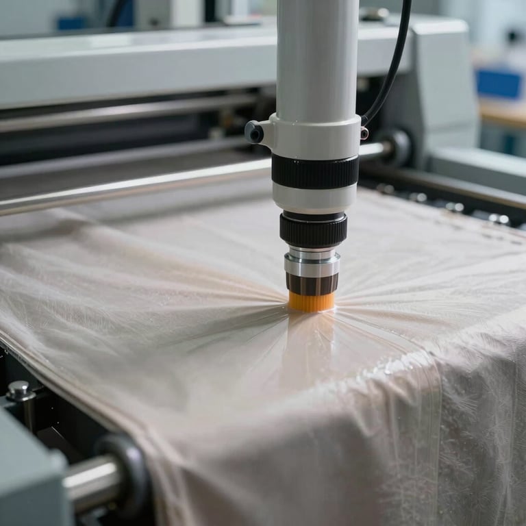 Advanced coating machinery applying a functional finish to high-quality textiles.