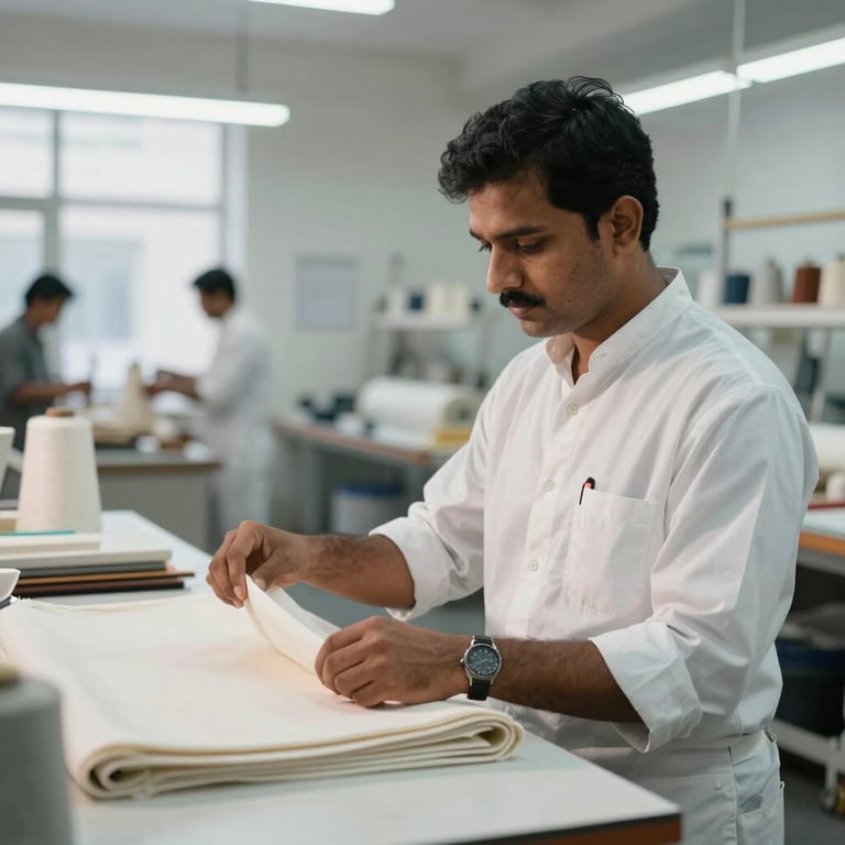 A South Asian textile engineer examining fabric quality in a bright, modern studio.