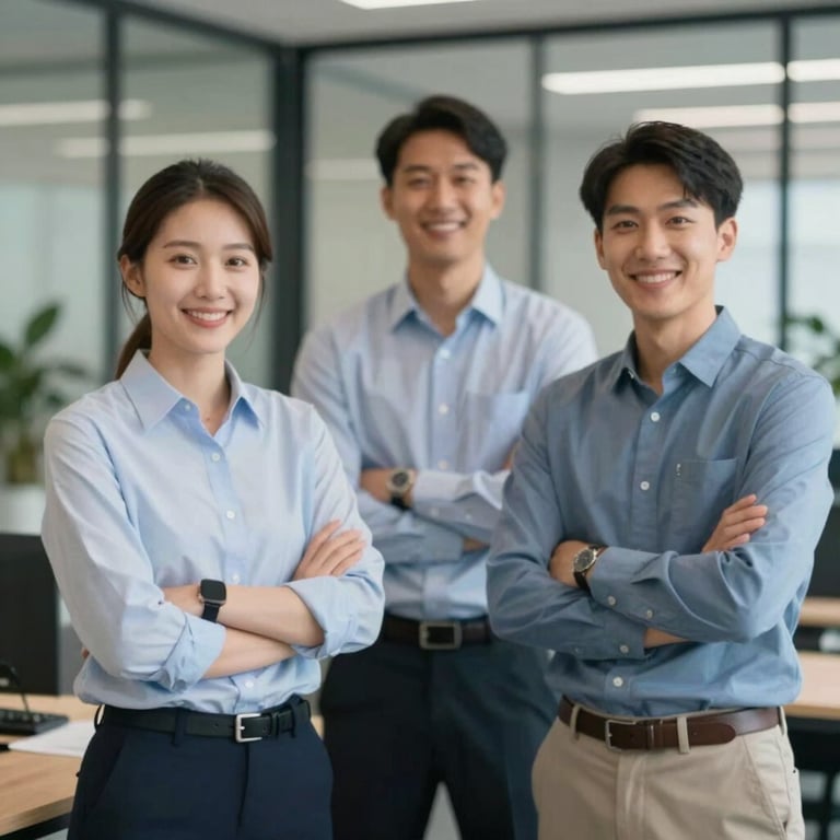 Successful small business owners smiling in front of their office, exuding confidence and partnership success.