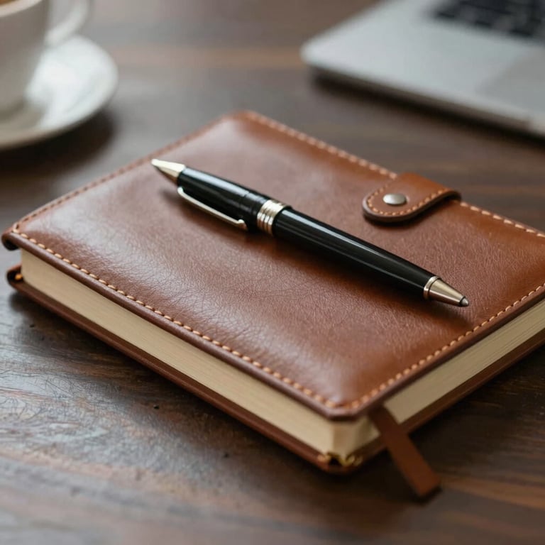 A leather-bound journal and a high-quality pen on a desk, symbolizing tailored strategy and meticulous planning.